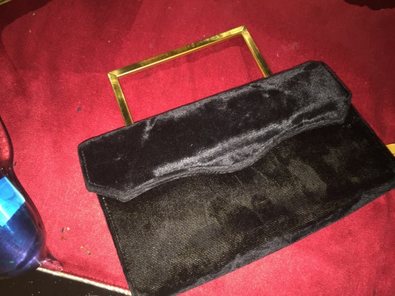 Vintage 1950s Black Velvet Purse by MM Gold Tone Clasp Small