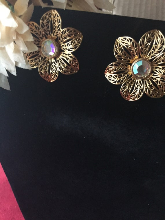 Large Gold Filigree Flower Earrings, Borealis Fili