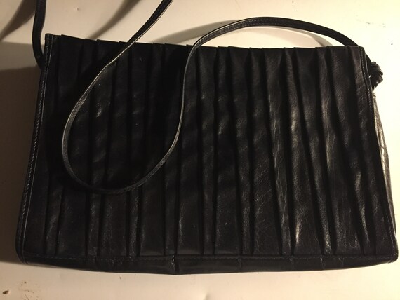Pleated Black Leather Purse, Fancy Vintage Leather