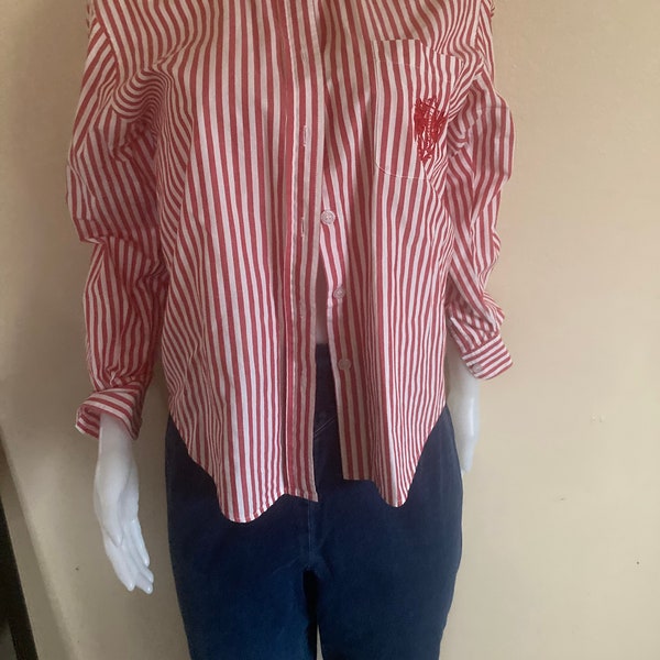 Women's Red and White Striped Button-up Blouse (M-L)