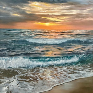 Original Seascape Oil Painting: Blue Ocean Waves, Beach Art