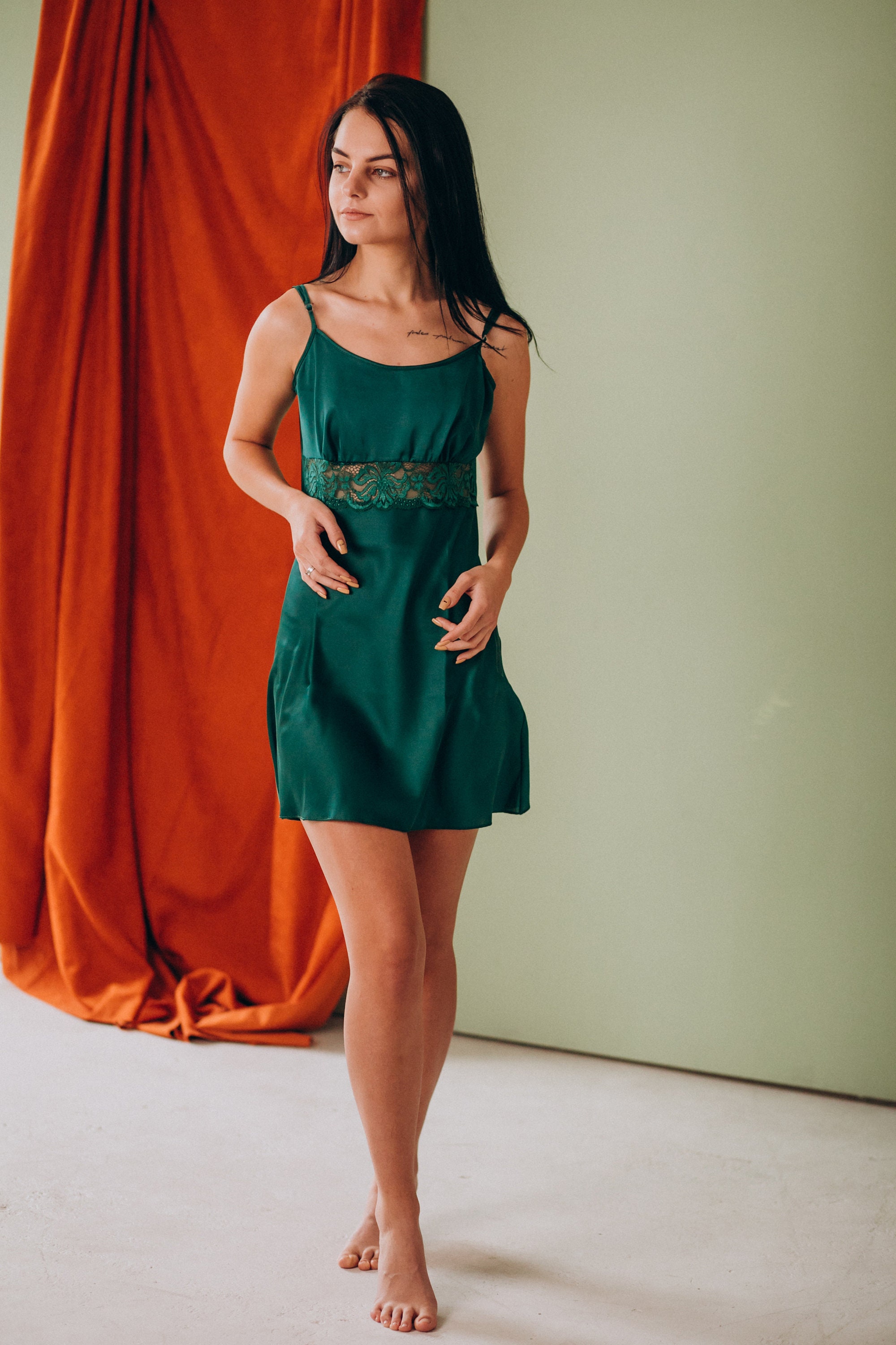 Green Night gown with Robe silk Etsy