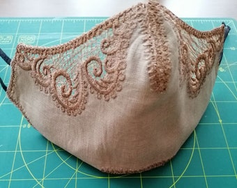 Embroidered Face Mask/Linen Mask/Women&#39;s Face Mask/Washable Mask/Dust Mask/Lace Cotton Mask/Designer Face Mask/Adjustable Mask/Luxury Mask