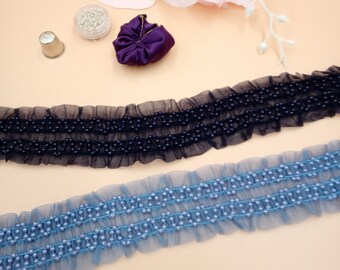 Elastic Lace Decorated with Beads/Lace Ruffle/Vintage Lace/Blue Lace/Black Lace/Lace Trim Ribbon/Vintage Blue Lace/Vintage Black Lace