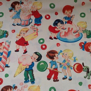 May include: A white fabric with a repeating pattern of vintage illustrations. The design features children enjoying sweets like ice cream cones, sundaes, and lollipops. Colorful candies and green dog figures are also scattered across the fabric.