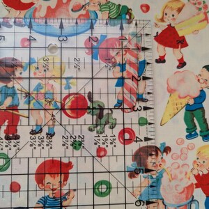 May include: Fabric with a repeating pattern of vintage-style children enjoying ice cream and desserts. The illustrations feature children in colorful clothing, with ice cream cones, sundaes, and other treats. The background is a light cream color.