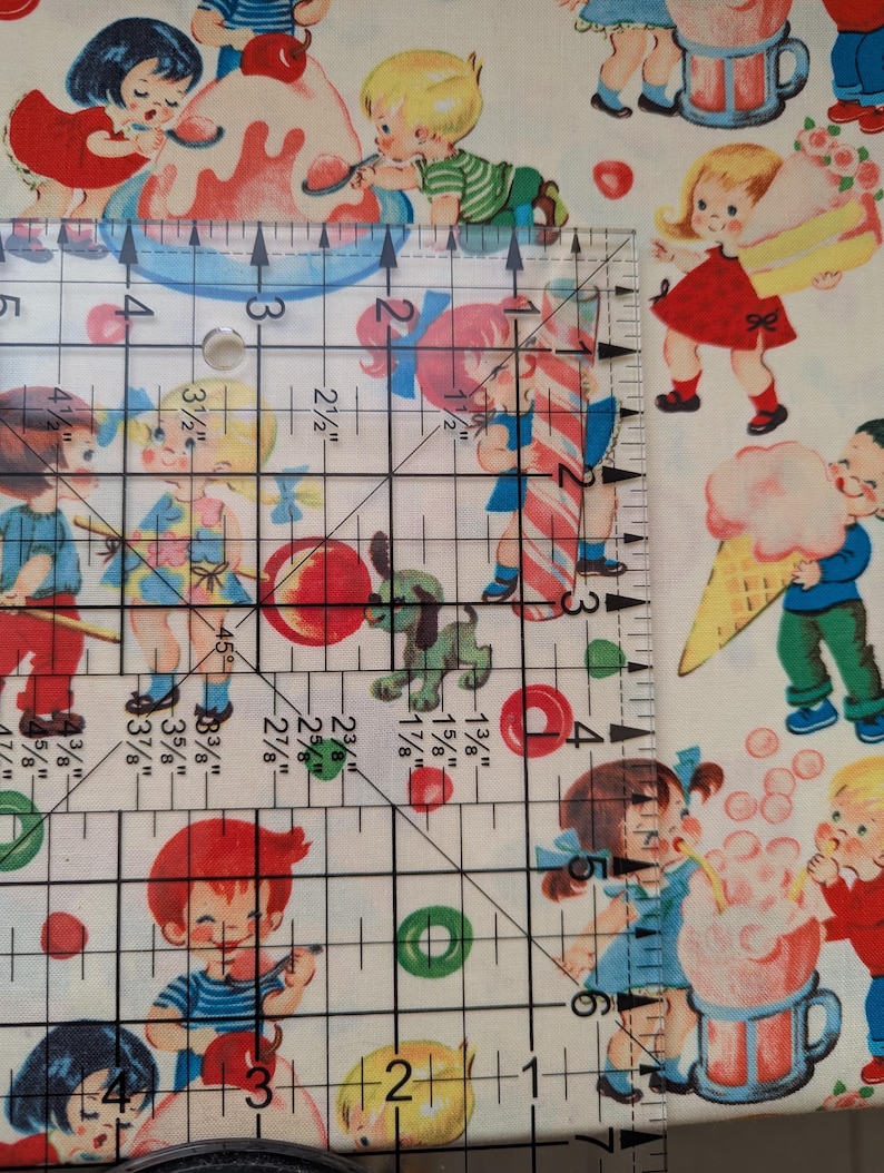May include: Fabric with a repeating pattern of vintage-style children enjoying ice cream and desserts. The illustrations feature children in colorful clothing, with ice cream cones, sundaes, and other treats. The background is a light cream color.