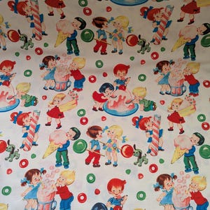 May include: White fabric with a repeating pattern of vintage illustrations. The design features children, ice cream cones, candy canes, and desserts in red, blue, green, and yellow. The overall theme is a retro, whimsical design.