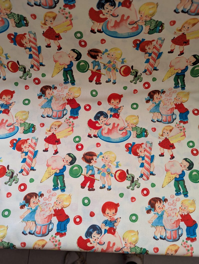 May include: White fabric with a repeating pattern of vintage illustrations. The design features children, ice cream cones, candy canes, and desserts in red, blue, green, and yellow. The overall theme is a retro, whimsical design.