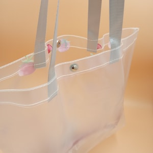 May include: A clear plastic tote bag featuring a repeating strawberry pattern along the top edge. The bag includes two light gray woven fabric handles and a single silver-toned metal snap button closure at the center of the opening.