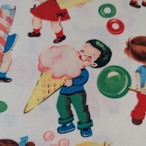 May include: White fabric with a repeating pattern of vintage children. The illustrations depict children holding treats like cotton candy, cake, and candy. The children are wearing colorful clothing, and the overall design has a retro feel.