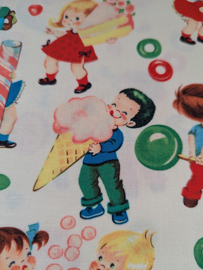 May include: White fabric with a repeating pattern of vintage children. The illustrations depict children holding treats like cotton candy, cake, and candy. The children are wearing colorful clothing, and the overall design has a retro feel.