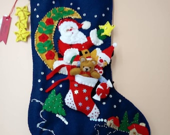 Embroidered Stocking/Christmas Decor/Bucilla Stocking Finished/Personalised Gift for kids/Felt stocking Size:18".