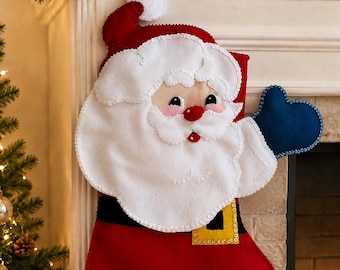 Handmade Santa Christmas Stocking, Felt Stocking with Sequins, Large Santa Claus Stocking, Lined Christmas Decor, Gift Box