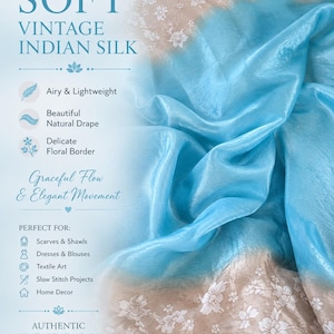 Tela de sari de seda india vintage, seda azul turquesa, borde floral, textil vintage auténtico, tela de seda por metro, tela de costura lenta.