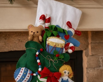 Personalized Vintage Bucilla Christmas Stocking, Handmade Felt Stocking, Two Teddy Bears, Embroidered Name, Large Christmas Stocking