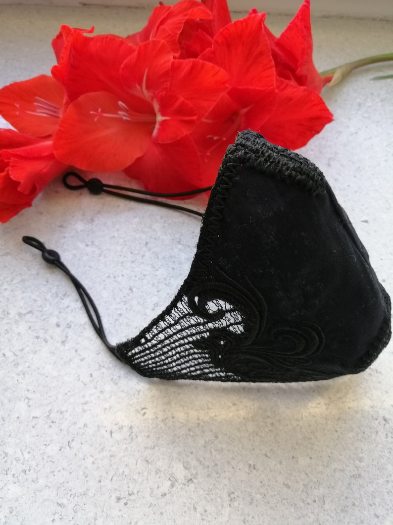 Fashion Face Mask /Embroidered Face Mask/Black Face Mask/ Lace Face Mask/Cotton Face Mask/ Cloth Face Mask/Reusable Face Mask/Luxury Mask image 2