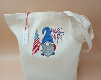 4th of July Tote Bag, Patriotic Gnome Bag, Embroidered American Flag Tote, Reusable Market Bag, USA Gift