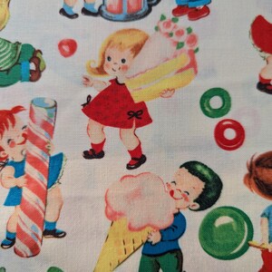 May include: Fabric with a repeating pattern of vintage illustrations of children with sweets. The children are holding ice cream cones, candy canes, and cake. The color palette includes red, blue, yellow, and pink on a white background.