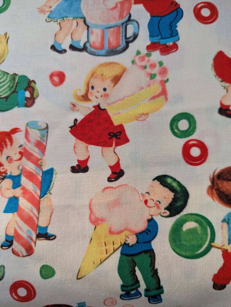 May include: Fabric with a repeating pattern of vintage illustrations of children with sweets. The children are holding ice cream cones, candy canes, and cake. The color palette includes red, blue, yellow, and pink on a white background.