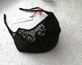 Luxury Face Mask/Fashion Face Mask/Embroidered Face Mask/Black Mask/Lace Face Mask/Designer Face Mask/Cotton Face Mask/Adjustable Face Mask