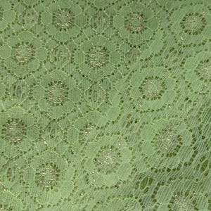 Könnte beinhalten: Grüner Spitzenstoff mit einem zarten Blumenmuster. Die Spitze hat einen dezenten Schimmer, der ihr ein luxuriöses Aussehen verleiht.