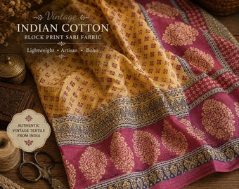 Vintage Indian Cotton Fabric | Block Print Sari Textile | Mustard Yellow & Berry Pink Paisley | Boho Cotton Fabric by the Yard