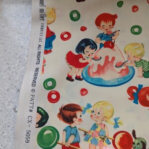 May include: Fabric with a repeating pattern of children, candy, and ice cream on a cream background. The children are depicted in vintage style, with red, blue, and yellow clothing. The fabric includes the text "michael miller FABRICS LLC. ALL RIGHTS RESERVED &copy; PATT# CX-5059 CANDY."