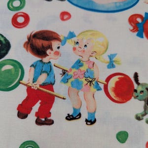 May include: A white fabric with a repeating pattern of vintage children and candy. The children are depicted in colorful clothing, holding lollipops. The candy includes red, green, and pink lollipops and circular candies. The overall design has a retro, whimsical feel.