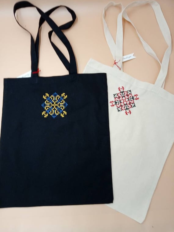ウクライナ製トートバッグ（暗号刺繍入り）、秘密のメッセージ入り