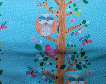 Vintage Michael Miller Owlery Cotton Fabric,18"×42"Cut, Pristine Condition, light Blue Nursery.Print with Owls& Birds.Rare New Old Stock