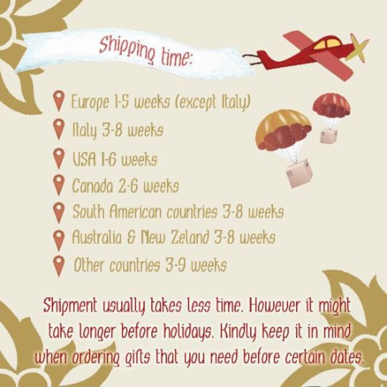 May include: An informational graphic with a light beige background and gold floral corners. It features a red airplane pulling a banner that reads Shipping time, followed by a list of delivery estimates by region and two parachuting packages.