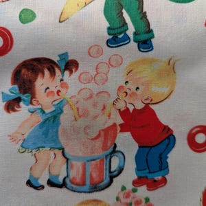 May include: White fabric with a repeating pattern of vintage illustrations. The design features children enjoying treats like ice cream cones and cotton candy. The children are dressed in bright colors, and the overall aesthetic is nostalgic and cheerful.