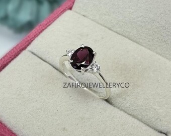 Natural Rhodolite Garnet Oval Ring, Sterling Silver, January Birthstone, Bridal Jewelry