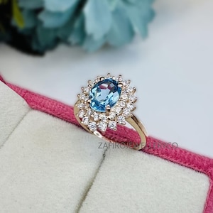 Swiss Blue Topaz Halo Ring: Sterling Silver December Birthstone