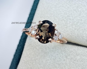 Bague quartz fumé ovale faite main, argent sterling, accents de zircone cubique