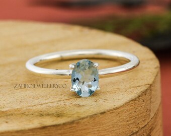 Oval Cut Aquamarine Ring, 925 Sterling Silver, Pave Band, Promise Ring