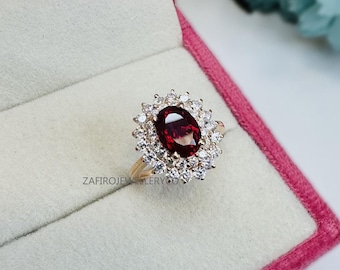 Oval Cut Ruby Halo Ring, 925 Sterling Silver, July Birthstone Jewelry
