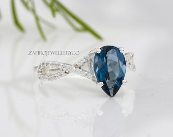 Handmade Pear Shape London Blue Topaz Ring, Sterling Silver Engagement Cocktail Ring