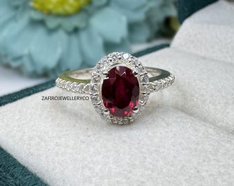 Oval Ruby Halo Ring, 925 Sterling Silver, Pave Setting, July Birthstone Jewelry