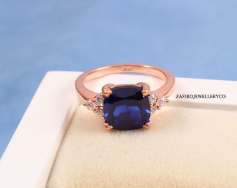 Cushion Cut Blue Sapphire Ring: Sterling Silver Three Stone Engagement Ring