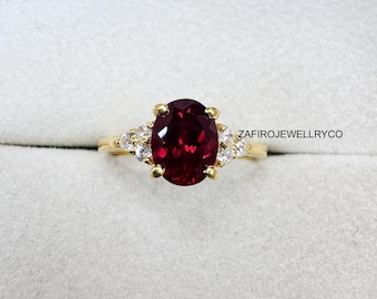 Oval Ruby Ring, Three Stone Sterling Silver Anniversary Ring
