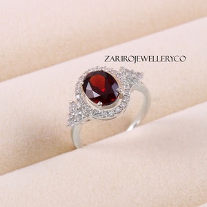 Halo Garnet Ring: Sterling Silver January Birthstone