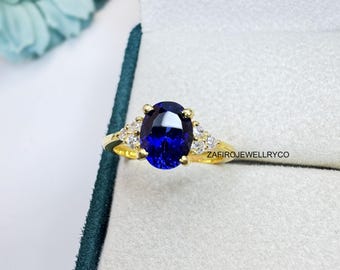 Oval Blue Sapphire Ring, Sterling Silver Three Stone Ring