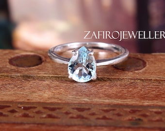 Blue Aquamarine, March Birthstone, Pear Cut Aquamarine, 925 Sterling Silver, Engagement Ring, Solitaire Ring, Aquamarine Ring, Wedding Ring