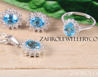 Swiss Blue Topaz Jewelry Set: Sterling Silver Ring, Pendant & Earrings