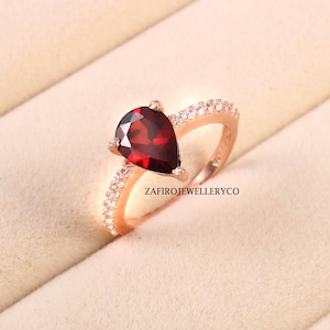Pear Cut Garnet Ring: Sterling Silver January Birthstone