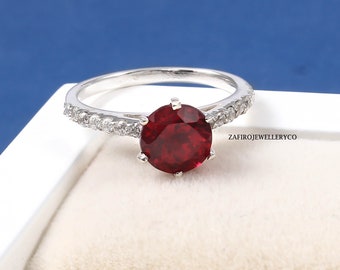 Bague en rubis faite main, argent sterling 925, taille ronde, pierre de naissance de juillet, sertie pavé