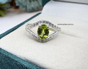 Oval Peridot Pave Ring, August Birthstone, 925 Sterling Silver, Handmade Wedding Band