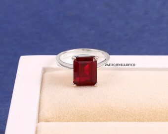 Octagon Cut Ruby Ring, 925 Sterling Silver, July Birthstone, Anniversary Gift